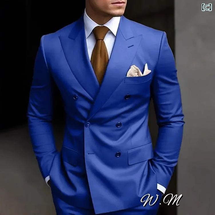 スーツ メンズ セットアップ ジャケット スラックス テーラード 礼服 ダブル ピークドラペル スリム 春夏 軽量 通気性 ポリエステル 混紡 高級感 ミント ロイヤルブルー グレー ビジネス 結婚式 パーティー