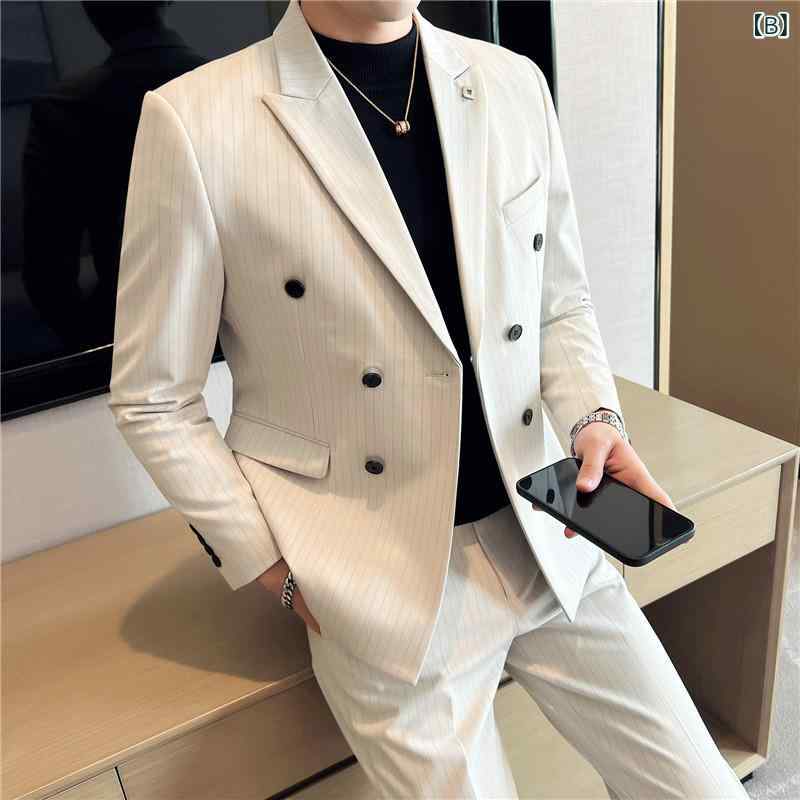 フロントップ楽天市場店のスーツ メンズ セットアップ 男性用 ビジネス 結婚式 披露宴 秋冬 スリム テーラードジャケット スラックス ストライプ ピークドラペル サイドベンツ ダブル 高級感 綿混 アセテート ライトグレー オフホワイト ブラック｜アングル3
