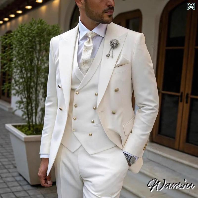 ・スタイル: ビジネスカジュアル・フロント仕様: ダブル2ボタン・誤差範囲: 1-3cm・素材: ポリエステル30%、化学繊維混紡・襟の: ピークドラペル・ベント: ノーベント・シルエット: スリムフィット・生地の厚さ: 標準・カラー展開: ホワイト（ジャケット、ベスト、パンツ）・サイズ展開: S、M、L、XL、XXL、XXXL・機能: 通気性・仕様: 接着芯仕立て