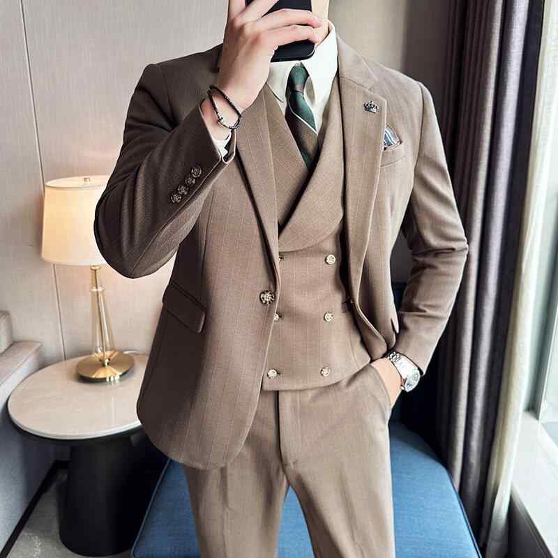 スーツ メンズ セットアップ スリーピース 紳士服 礼服 結婚式 披露宴 ビジネス スリム ストライプ柄 シングル ジャケット ベスト スラックス 高級感 オールシーズン ポリエステル ブラック グリーン ブルーグレー