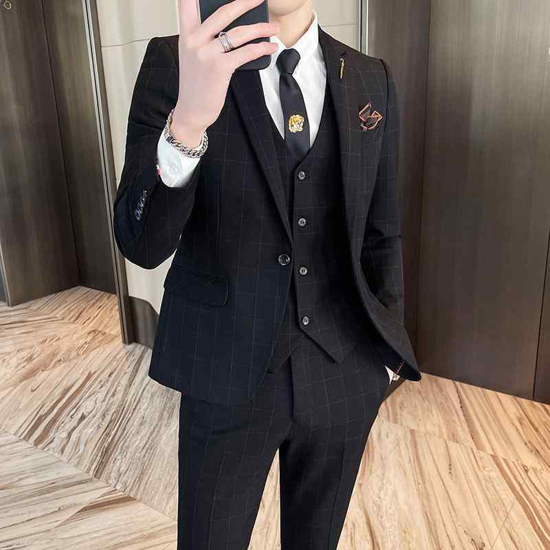 スーツ メンズ 男性用 セットアップ スリーピース ジャケット ベスト スラックス 礼服 フォーマル 結婚式 披露宴 冠婚葬祭 スリムシルエット 韓国スタイル チェック柄 麻混 春秋 ブラック ダークグレー ライトグレー