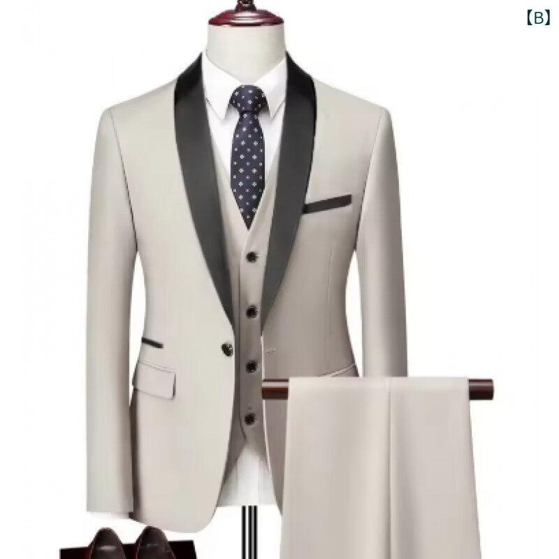 スーツセット メンズ スリーピース テーラード 礼服 タキシード フォーマル 結婚式 舞台衣装 パーティー スリムフィット 細身 高級感 ショールカラー シングルボタン ジャケット パンツ ベスト ホワイト ブラック ネイビー 春夏