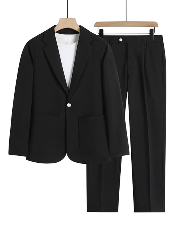 スーツ メンズ セットアップ テーラードジャケット スラックス 上下 スリム 韓国ファッション 結婚式 ビジネス 冠婚葬祭 フォーマル 薄手 軽量 抗皺 春夏 綿混 ブラック グレー グリーン シングル 無地