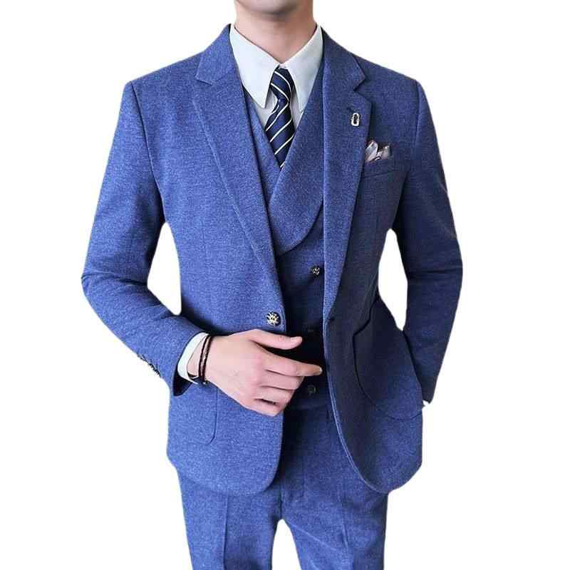 スーツ メンズ 紳士服 セットアップ テーラードジャケット スラックス ベスト スリム 厚手 高級感 秋冬 結婚式 披露宴 ビジネス 韓国ファッション コーデュロイ シングル ノッチドラペル ブラック グレー ネイビー