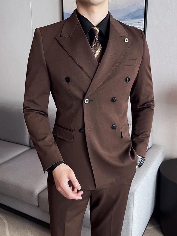スーツ メンズ セットアップ スリーピース ウール混 ダブルブレスト ジャケット ベスト スラックス 礼服 フォーマル 高級感 スリム 大きいサイズ 春秋 ビジネス 通勤 結婚式 ブラック ダークグレー ブラウン