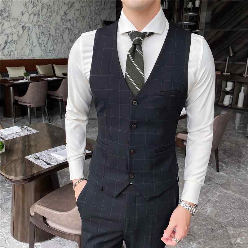 スーツ メンズ 男性用 スリーピース セットアップ ビジネス 結婚式 新郎 スリム 細身 チェック柄 ベスト スラックス テーラードジャケット ビスコース 混紡 高級感 シングルボタン ブラック グレー チャコール