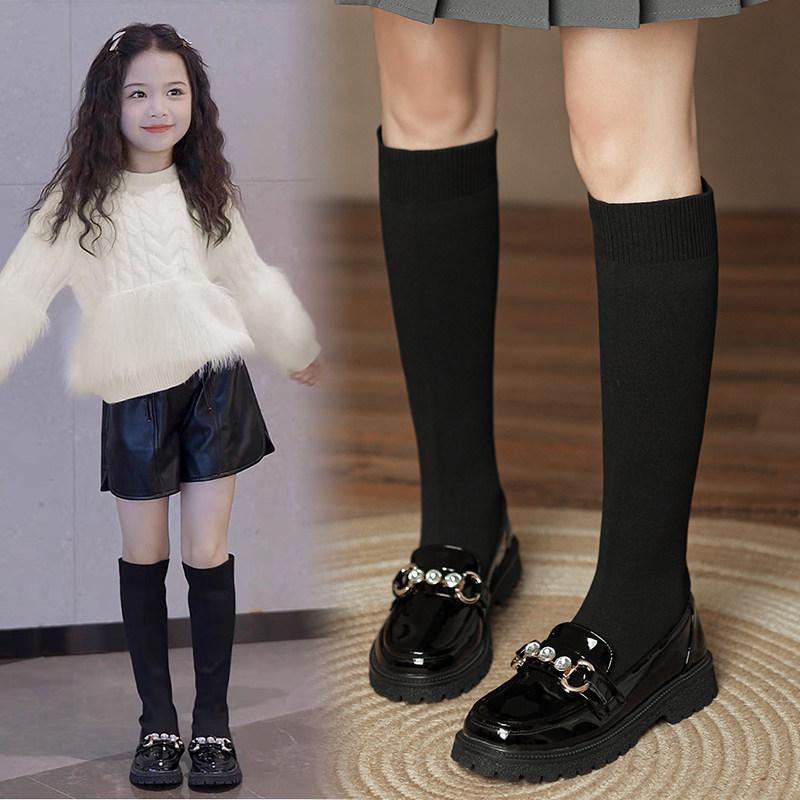 ソックスブーツ ロング キッズ 女の子 秋冬 裏ボア ショート ハイカット 合皮 フェイクレザー ラウンドトゥ フラットヒール ゴム底 カジュアル おしゃれ ステッチ 黒 ローファー(4.0)