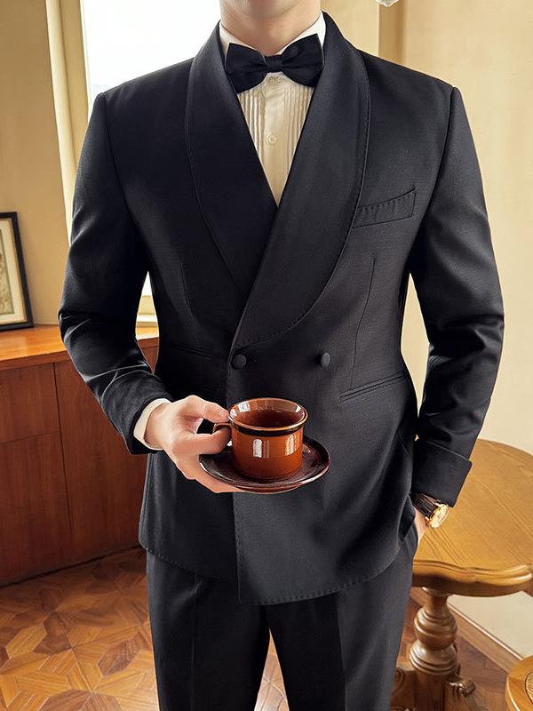 セットアップ メンズ スーツ テーラードジャケット スラックス 礼服 タキシード ショールカラー ダブルブレスト スリム 細身 無地 サイドベンツ 袖口 ビジネス フォーマル カジュアル 春 高級感 アセテート ブラック