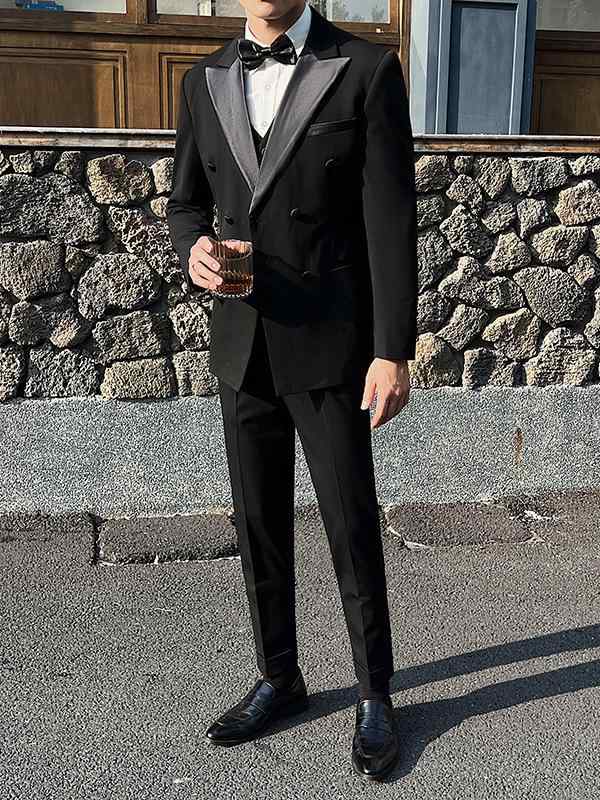 スーツ メンズ セットアップ スリーピース ピークドラペル ダブルブレスト 結婚式 二次会 ビジネス スリム 細身 テーラードジャケット ベスト スラックス 紳士服 秋冬 ポリエステル 再生繊維 混紡 ブラック 高級感