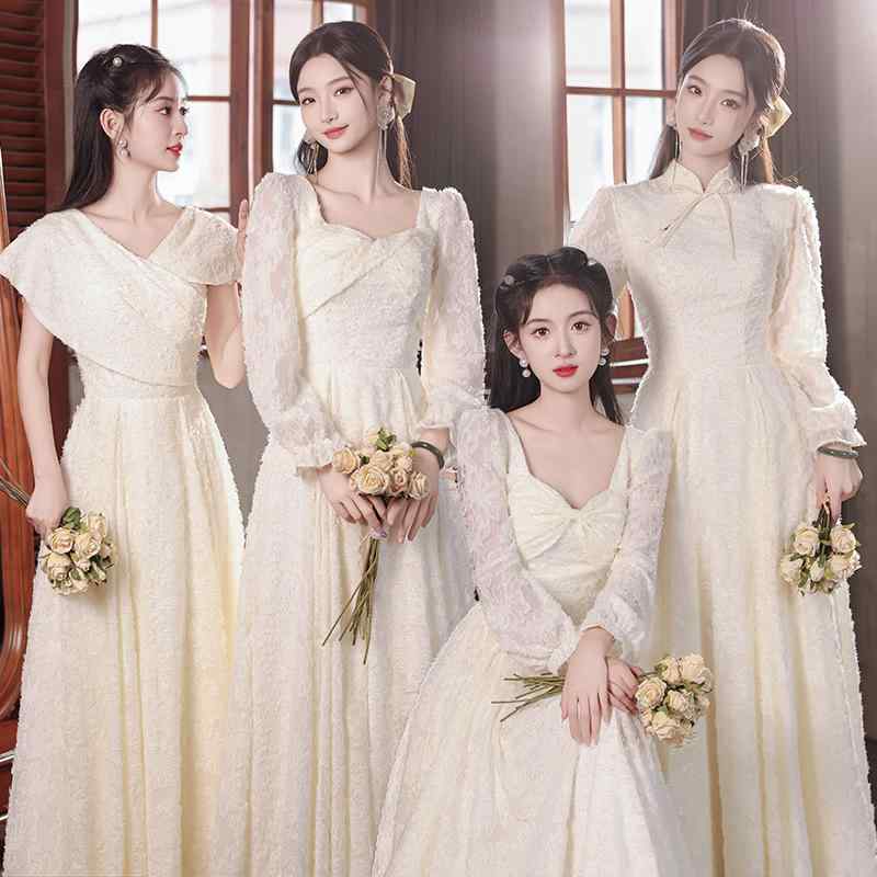 乐天商城 - ドレス レディース 春秋 シャンパン ブライズメイド 結婚式 披露宴 二次会 ロング マキシ丈 長袖 スクエアネック 高級感 エレガント スリム 細見え 上品 フォーマル ウエストリボン ポリエステル Aライン