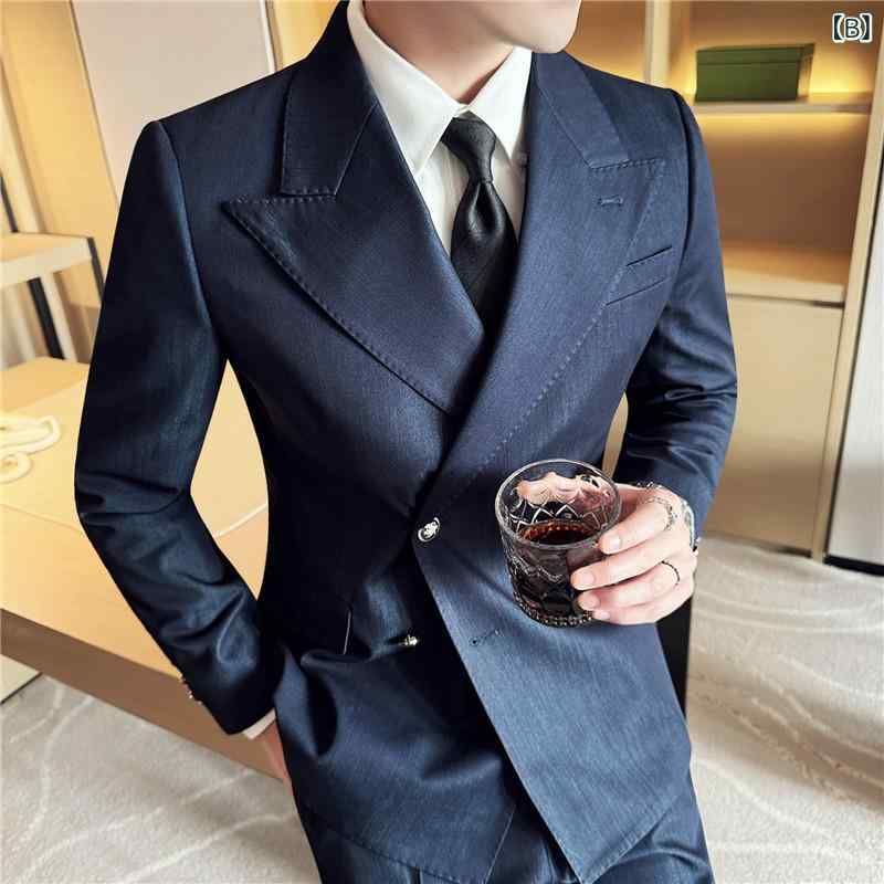 スーツ メンズ セットアップ 春秋 テーラードジャケット スラックス 礼服 高級感 結婚式 披露宴 宴会 フォーマル 紳士用 冠婚葬祭 ビジネス ピークドラペル スリム 美シルエット デニム ブルー ブラック 3