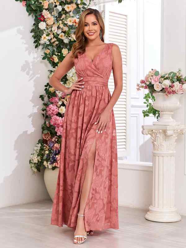 Other - ロングドレス レディース パーティー用 イブニング マキシ丈 花柄 プリント シフォン 春夏 Vネック ノースリーブ スリット Aライン フレア 裏地 演奏会 結婚式 披露宴 コーラル ポリエステル 上品 エレガント
