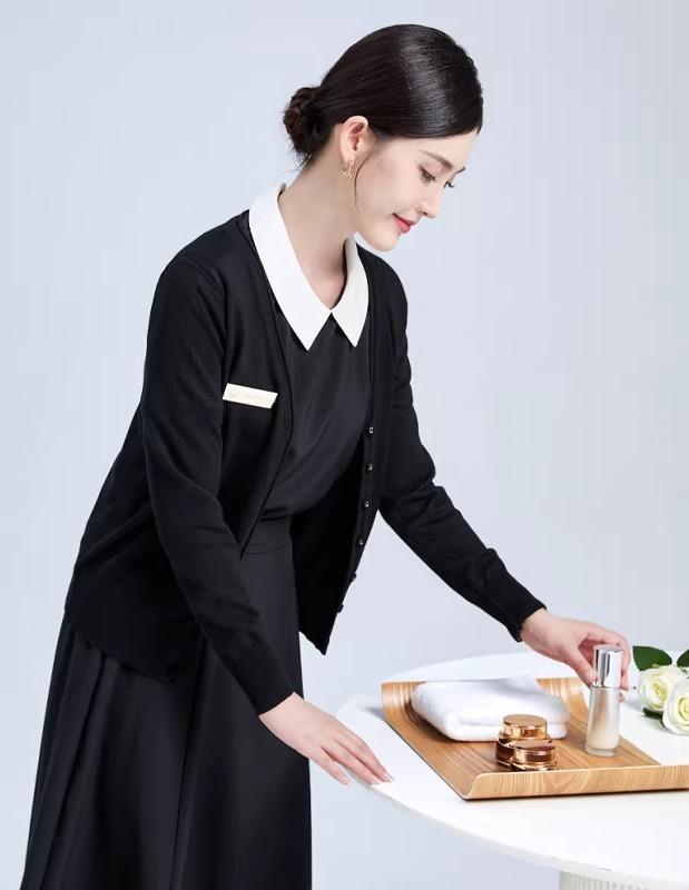 エステ 制服 セットアップ レディース 美容 サロン 施術 ユニフォーム 事務服 オフィス ビジネス 秋冬 Vネック 長袖 カーディガン スリムフィット スカート ポリエステル 黒 白 大きいサイズ