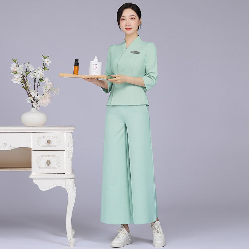 エステ 制服 ユニフォーム レディース 美容師 施術者 七分袖 セットアップ 半袖 上品 エレガント 事務服 ワークウェア シンプル 緑 黒 白 斜め襟 大きいサイズ