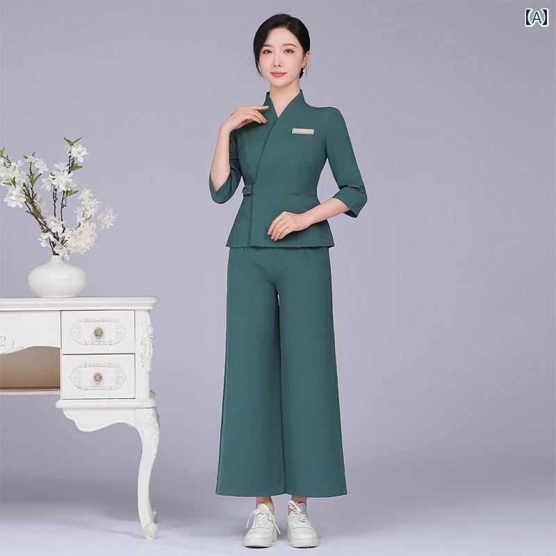 エステ 制服 ユニフォーム レディース 美容師 施術者 七分袖 セットアップ 半袖 上品 エレガント 事務服 ワークウェア シンプル 緑 黒 白 斜め襟 大きいサイズ