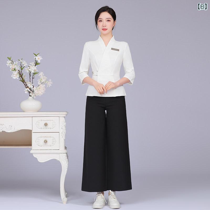 エステ 制服 ユニフォーム レディース 美容師 施術者 七分袖 セットアップ 半袖 上品 エレガント 事務服 ワークウェア シンプル 緑 黒 白 斜め襟 大きいサイズ