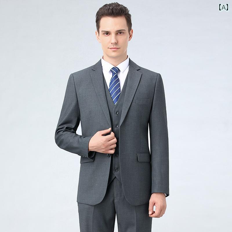 セットアップ メンズ 男性用 紳士 スーツ 上下セット ビジネス フォーマル 冠婚葬祭 父親 テーラードジャケット スラックス ベスト ウール ウール 秋冬 シングル センターベント 高級感 グレー シンプル 快適 上品 無地