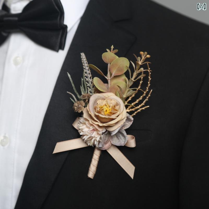ブートニア コサージュ メンズ レディース 結婚式 披露宴 二次会 ウェディング ブライダル 椿 薔薇 ローズ つぼみ リストレット ブートニア 胸飾り 腕輪 造花 フラワー ハンドメイド 韓国 高級感 2