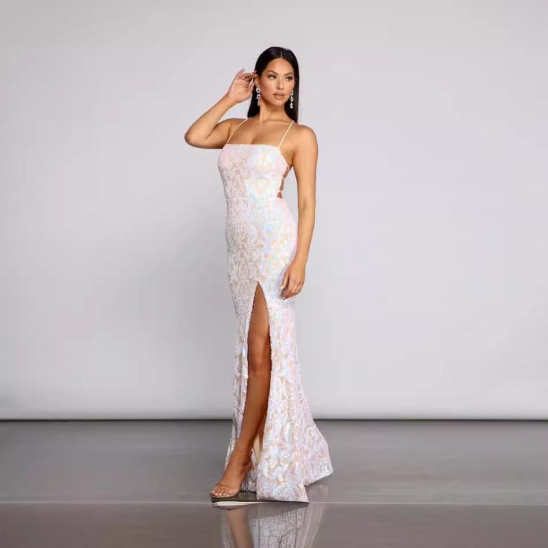 Other - ワンピース レディース パーティードレス マキシ丈 ロング ワンショルダー スパンコール キラキラ セクシー エレガント ノースリーブ 演奏会 結婚式 二次会 春夏 ホワイト 白 ポリエステル ストレッチ 高級感 華やか タイトシルエット