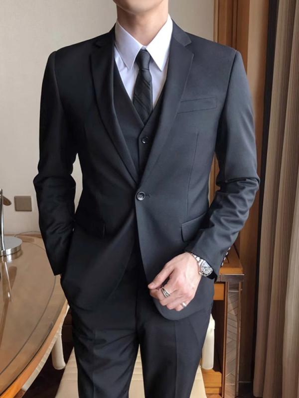 スーツ メンズ セットアップ 男性用 紳士 礼服 正装 ビジネス 結婚式 披露宴 高級感 スリム タイト 細身 美シルエット スタイリッシュ シングル 2つボタン ノッチドラペル ポリエステル 形態安定 ブラック 黒