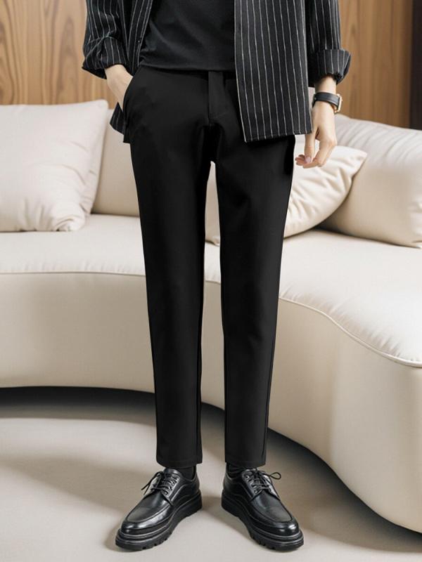 Pants - スラックス メンズ 男性用 ズボン パンツ ストレート ビジネス カジュアル 春夏 ストレッチ 伸縮性 形態安定 イージーケア 軽量 清涼感 薄手 ドレープ感 センタープレス ブラック グレー ネイビー 九分丈 ロング丈