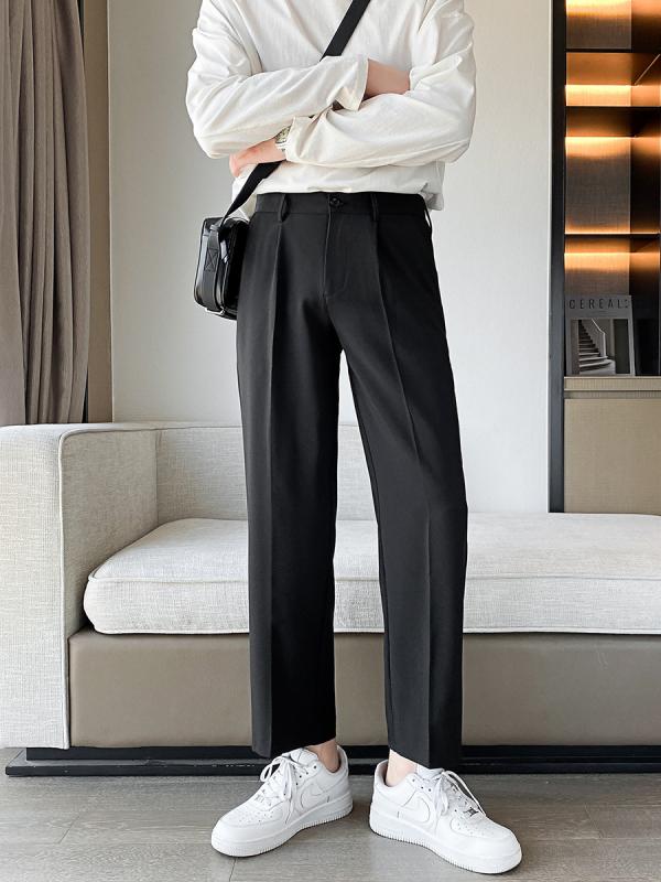 樂天商城 - スラックス メンズ 高級感 ドレープ感 ストレート ワイド 9分丈 春夏 テーパード ビジネス カジュアル 通勤 仕事用 普段使い ポリエステル ストレッチ 通気性 ノーアイロン ブラック ダークグレー アプリコット