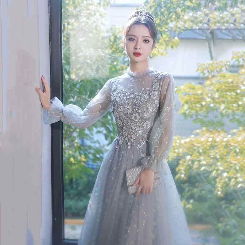 Other - ドレス レディース グレー ロング ミモレ丈 Aライン ハイウエスト 七分袖 パーティー 結婚式 演奏会 春夏 麻 アセテート エレガント 高級感 清楚 きれいめ フォーマル 膝下 無地 上品 フェミニン