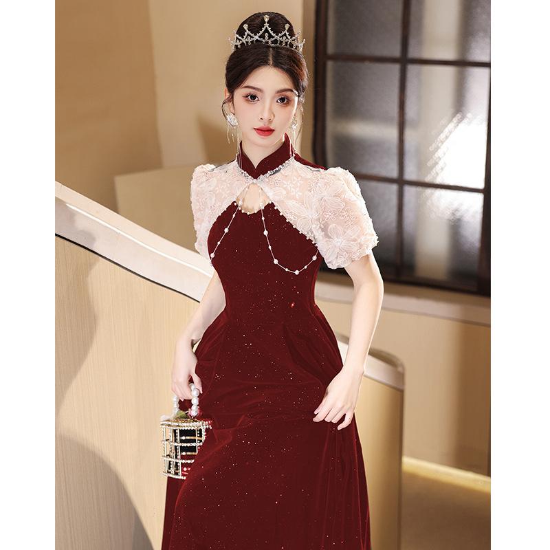 ドレス レディース ロング丈 ワンピース マキシ 礼服 結婚式 披露宴 秋冬 シフォン 高級感 チャイナ風 Aライン ハイウエスト 五分袖 U..