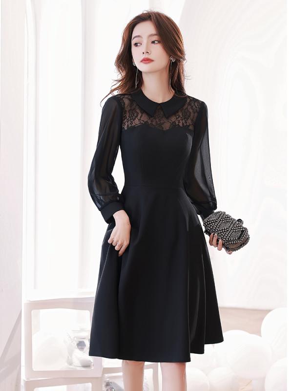 ロングドレス レディース 黒 結婚式 パーティー 二次会 春夏 上品 高級感 長袖 スタンドカラー Aライン 痩せ見え 普段使い きれいめ お呼ばれ 演奏会 謝恩会 アセテート ポリエステル フレンチスタイル クラシック 大人 フェミニン