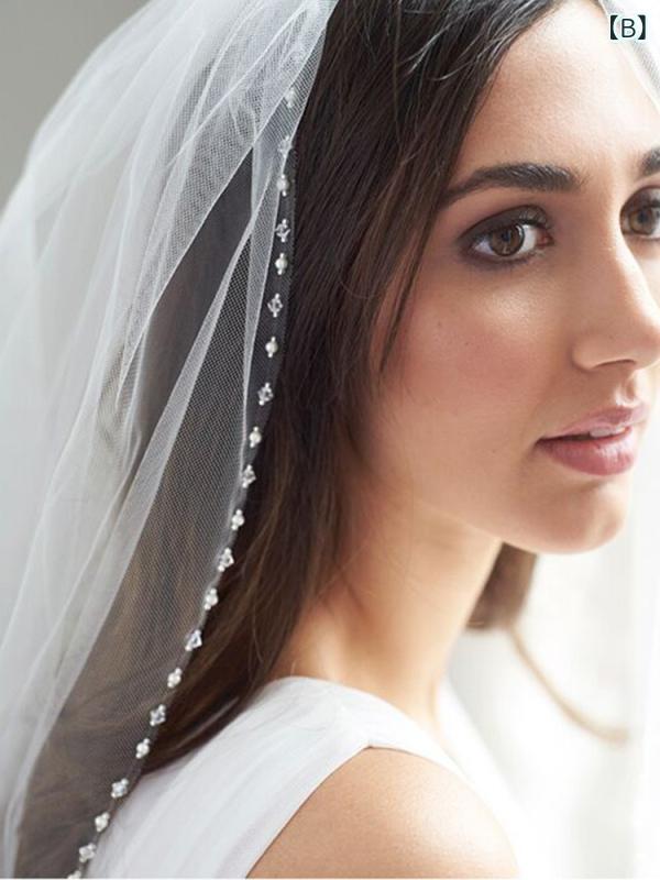 フロントップ楽天市場店のウェディングベール レディース 結婚式 挙式 披露宴 ショート丈 シングル ハンドメイド クリスタル ビーズ ラインストーン ブライダル 髪飾り ヘッドドレス ヘアアクセサリー ホワイト アイボリー 花嫁 シンプル チュール 清楚｜アングル3