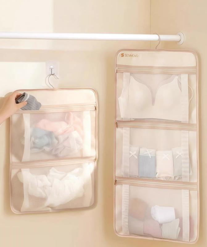 ウォールポケット 壁掛け 収納 吊り下げ 袋 レディース メンズ 下着 ソックス メッシュ フック オックスフォード 生地 大容量 省スペース 寮 整理整頓 アイボリー ピンク