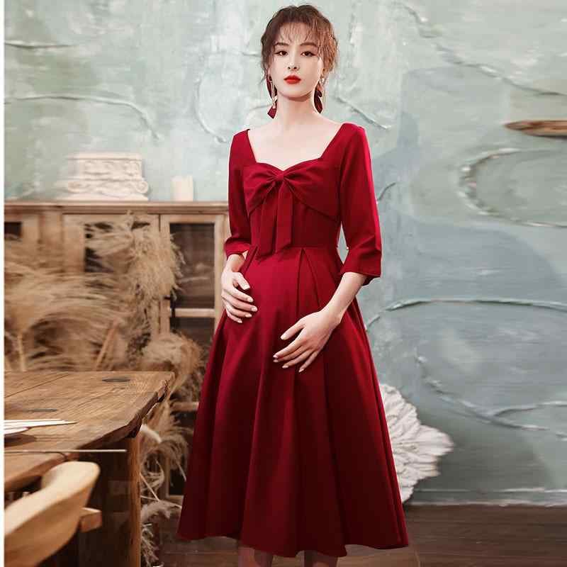 ワンピース レディース パーティードレス 礼服 ゲストドレス 結婚式 二次会 お呼ばれ マタニティ 妊婦 プレママ Aライン ハイウエスト 体型カバー ぽっちゃり 大きいサイズ ミディ丈 膝丈 半袖 ワインレッド 春夏 エレガント 上品 かわいい