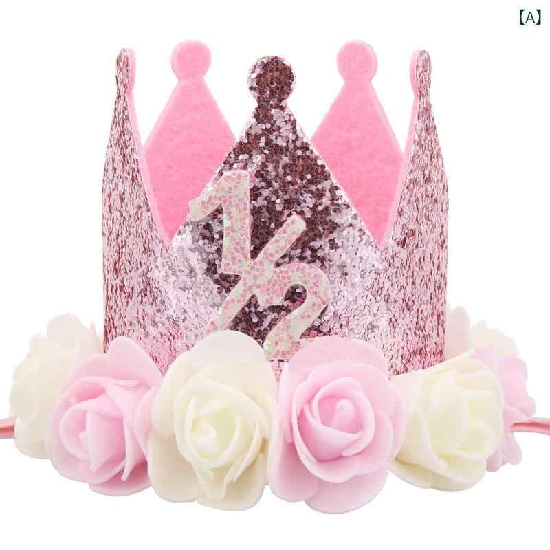 誕生日帽子 ベビー キッズ 男の子 女の子 ペット 王冠 クラウン 1歳 ハーフバースデー ヘアアクセサリー ヘッドドレス 記念撮影 パーティー お祝い スパンコール ローズ 薔薇 布製 ピンク ゴールド プリンセス
