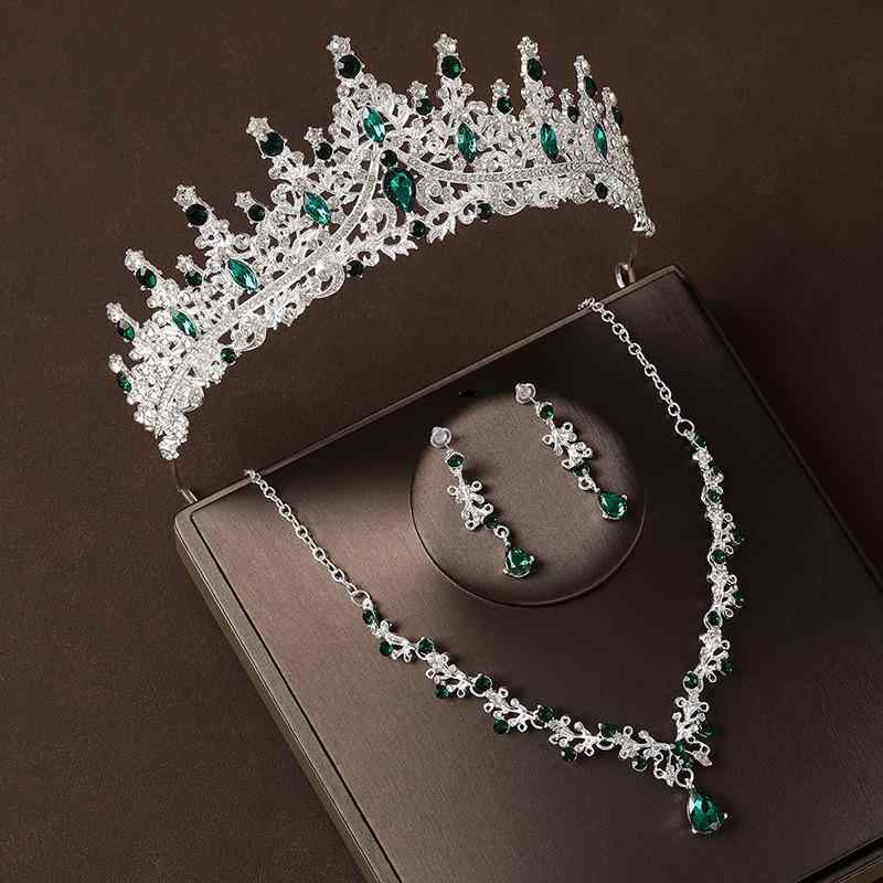 ティアラ レディース ネックレス ピアス 王冠 ヘッドドレス ブライダルジュエリー ウェディング 結婚式 披露宴 誕生日 グリーン ラインストーン ビジュー バロック調 ヴィンテージ風 豪華 華やか エレガント ドレス 秋冬 高級感