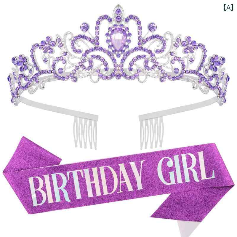 ティアラ レディース 女の子 女王 誕生日 バースデー パーティー カチューシャ 王冠 クラウン サッシュ 電気メッキ加工 合金 ラインストーン ジルコニア かわいい 豪華 主役 アクセサリー ゴールド シルバー ピンク