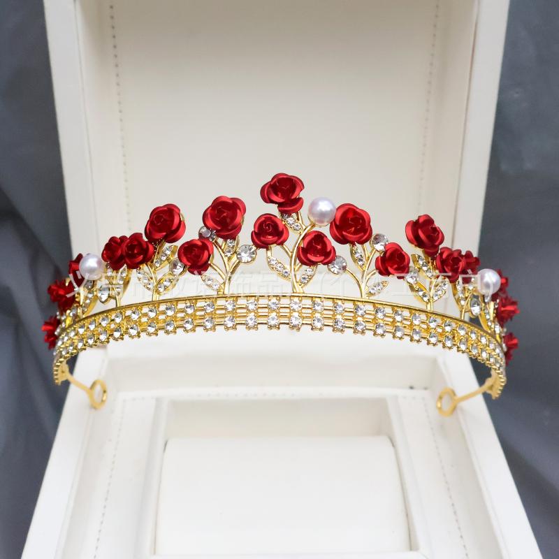 ティアラ レディース 赤 バラ 薔薇 ラインストーン クラウン ヘッドドレス 結婚式 パーティー お呼ばれ..