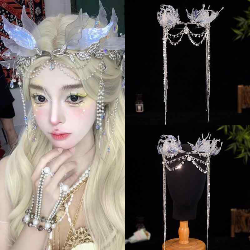 カチューシャ レディース ヘアアクセサリー 王冠 クラウン 髪飾り ヘッドドレス 人魚姫 フリンジ タッセル エキゾチック エスニック アンティーク調 華やか 春夏 合金 水晶 クリスタル オーロラ パール 結婚式 パーティー コスプレ