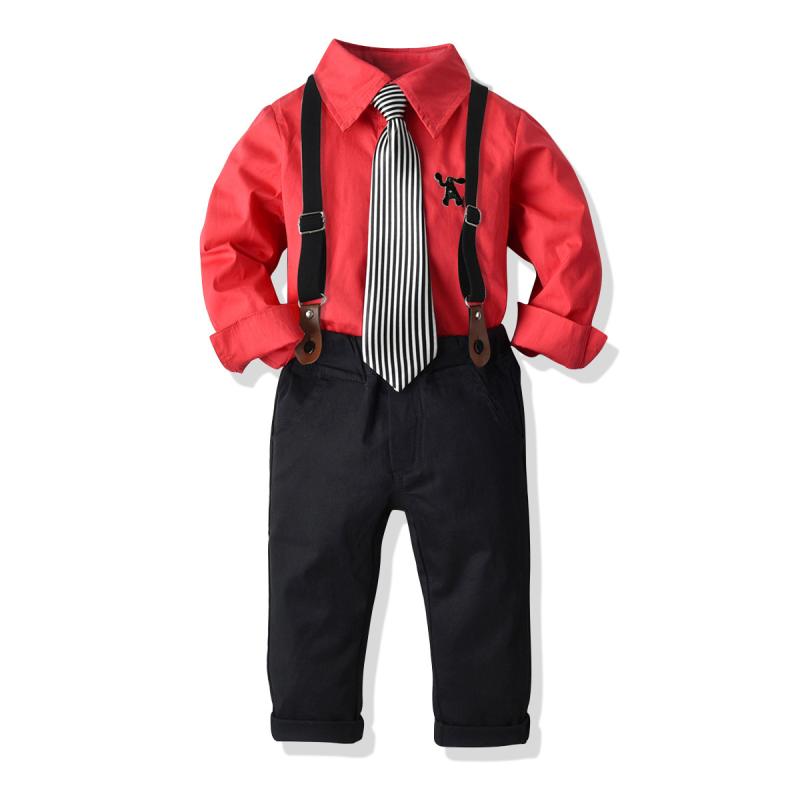 Dress Suits （Girls） - セットアップ 男の子 キッズ 長袖 シャツ 蝶ネクタイ サスペンダー ロングパンツ 紳士的 フォーマル 欧米風 英国スタイル 赤 黒 綿 コットン 柔らかい 発表会 結婚式 七五三 ボタン 春夏