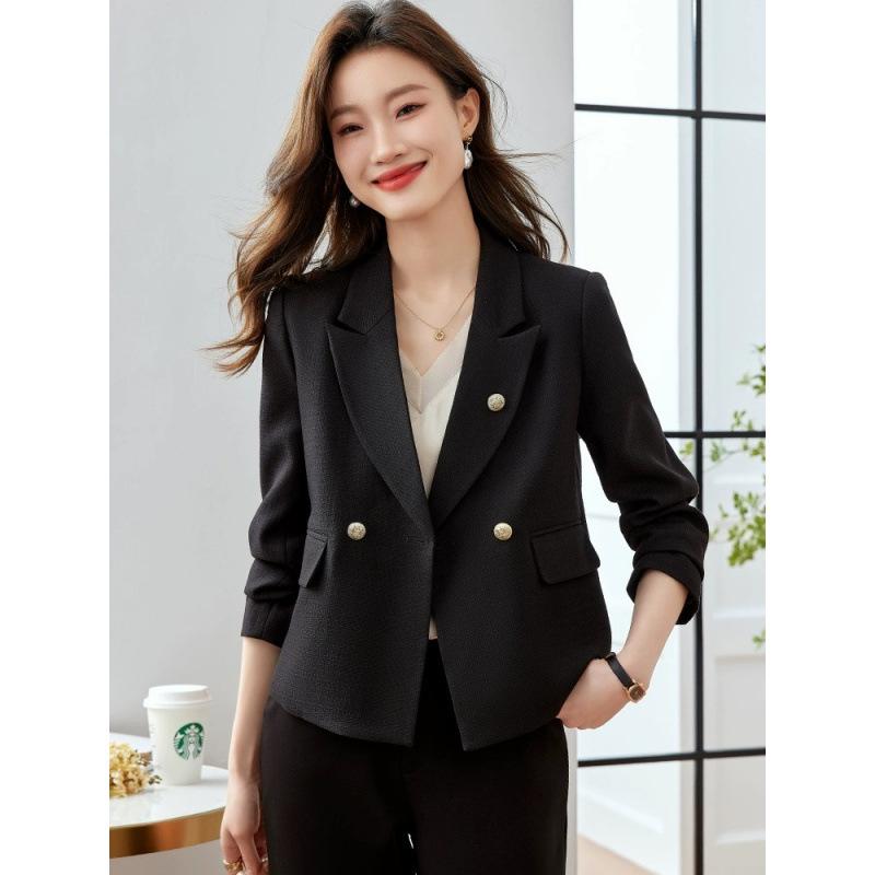 Coat - テーラードジャケット レディース ショート丈 小柄 春夏 高級感 カジュアル きれいめ 上品 事務服 通勤 オフィス ライトアウター ボタン 無地 ポリエステル ノーアイロン スリム オフホワイト 黒 緑