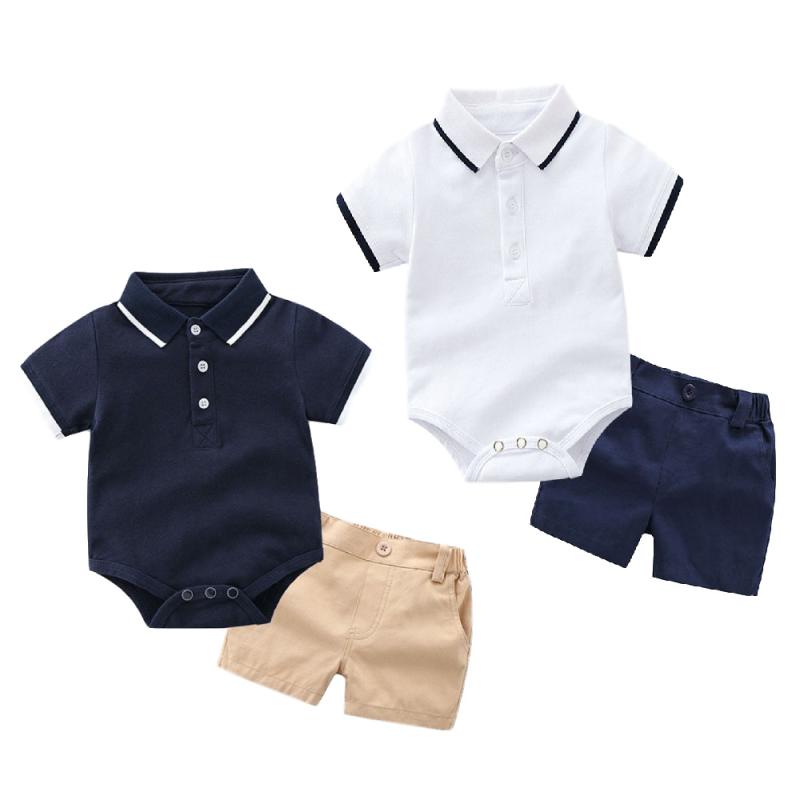 Suits, Tuxedos （Boys） - セットアップ 男の子 ベビー服 キッズ服 春夏 ポロシャツ Tシャツ 半袖 短パン ハーフパンツ 上下セット コットン 柔らかい カジュアル 韓国 おしゃれ ホワイト ネイビー ボーダー 無地 普段使い お出かけ 通園 ボタン