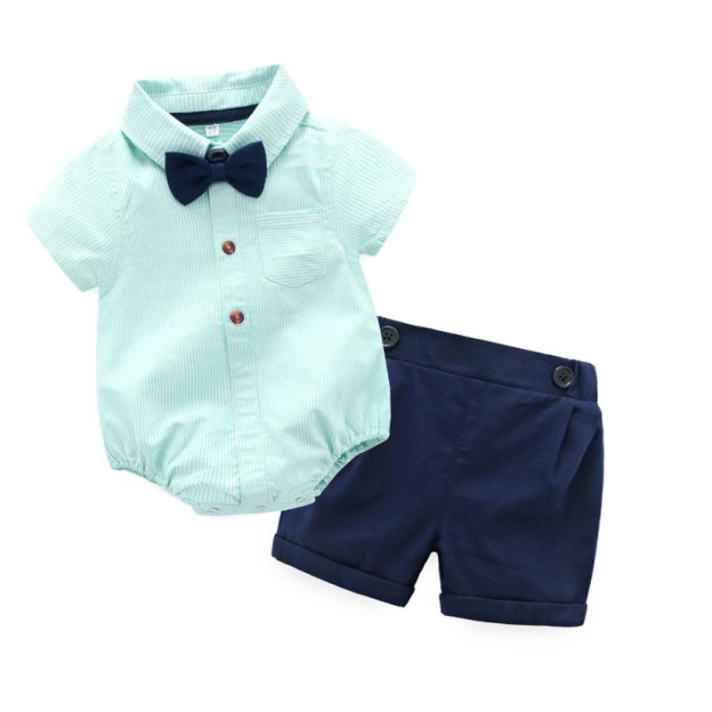 Suits, Tuxedos （Boys） - セットアップ 男の子 ベビー服 子供服 半袖 シャツ ハーフパンツ ストライプ 蝶ネクタイ 英国風 韓国 春夏 綿 コットン 2点セット お出かけ フォーマル カジュアル 柔らかい ライトブルー ピンク ライトグリーン