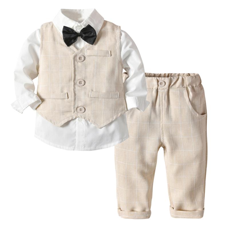 Suits, Tuxedos （Boys） - セットアップ 男の子 スーツ 三点セット フォーマル 子供服 キッズ ベビー 英国風 チェック柄 蝶ネクタイ 長袖 長ズボン 秋冬 綿 柔らかい 結婚式 発表会 七五三 グレー ライトブルー ベージュ かわいい 高級感