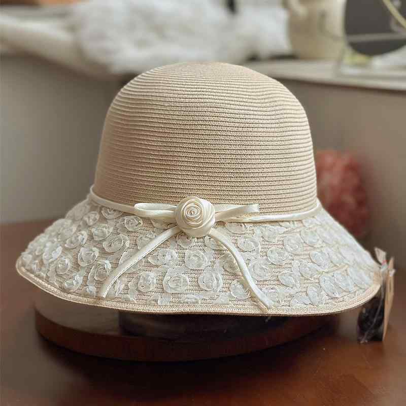 麦わら帽子 レディース バケットハット 春夏 つば広 日よけ帽子 紫外線対策 UVカット 接触冷感 通気性 軽量 麻混 折りたたみ レース ローズ エレガント 高級感 旅行 リゾート 普段使い かわいい ベージュ ピンク カーキ(4.0)