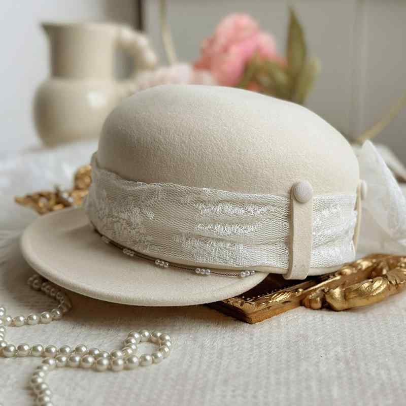 キャスケット レディース 秋冬 ウール ウール フェルト 乗馬帽 レース リボン 蝶結び 小顔効果 つば広 ..