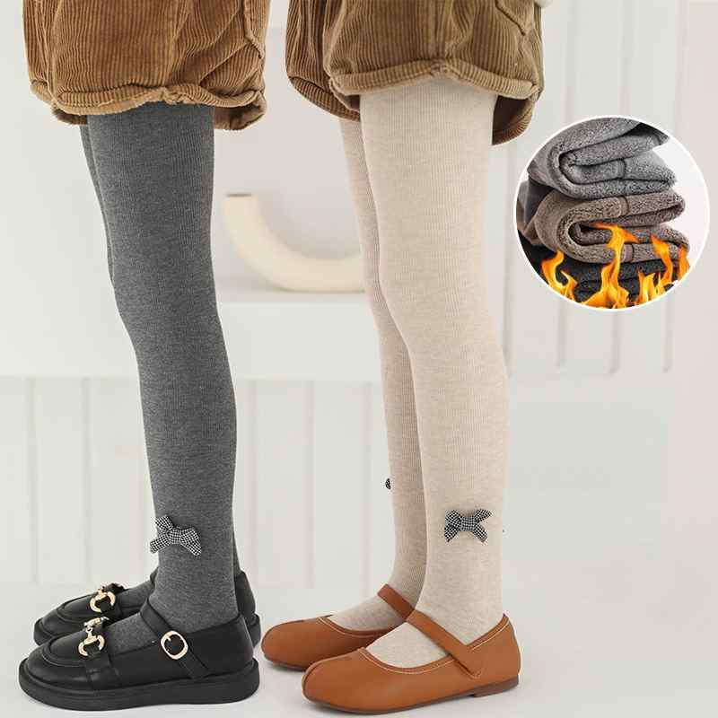 Tights - タイツ 女の子 キッズ ベビー 秋冬 裏起毛 厚手 リボン リブ スパッツ 子供用 足 綿 コットン 暖かい 防寒 保温 吸汗 ストレッチ 伸縮性 無地 かわいい 普段使い 通園 グレー ブラック オートミール 高級感 縦縞