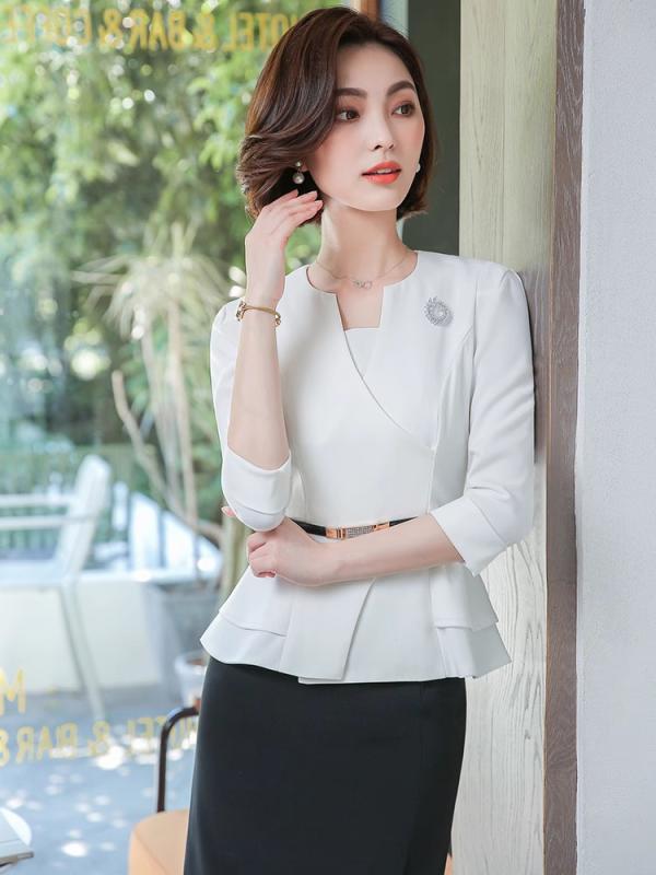 Skirt Suits - セットアップ レディース 事務服 受付 エステ スーツ ジャケット スカート 春秋 膝丈 タイト 七分袖 ポリエステル 無地 制服 ユニフォーム 清楚 きれいめ 大人 おしゃれ 上品 スリム 細見え 着痩せ 洗える ストレッチ 白 黒