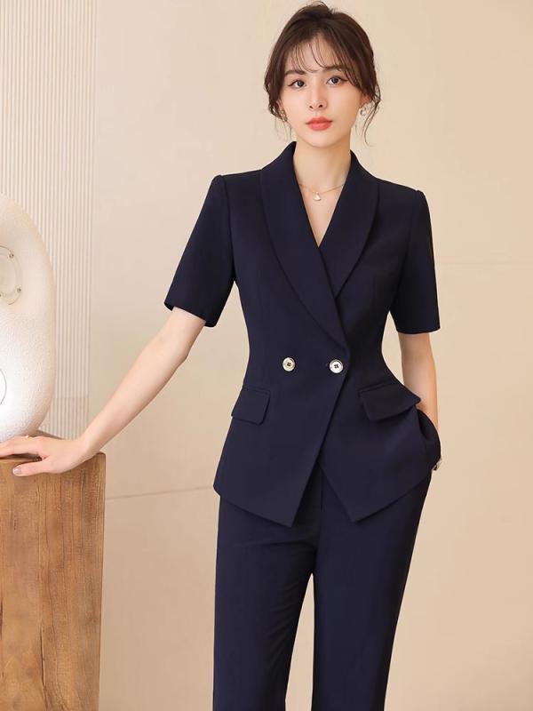 西装套裙 - セットアップ レディース 春夏 半袖 テーラードジャケット パンツ スカート ビジネス 通勤 オフィス 事務服 仕事着 フォーマル 正装 上品 エレガント きれいめ 大人 高級感 ポリエステル 通気性 ストレッチ 無地