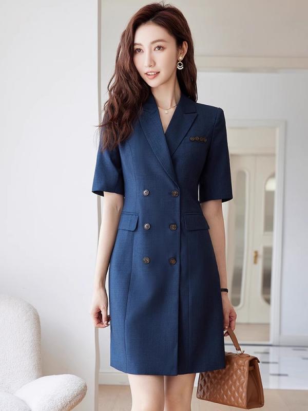 ワンピース レディース 春夏 五分袖 テーラード タイト スリム 美シルエット 細見え ダブルボタン 無地 デニムブルー ホワイト カーキ 通勤 オフィス 事務用 きれいめ 上品 制服 スーツ風 膝上丈 トップス 高級感