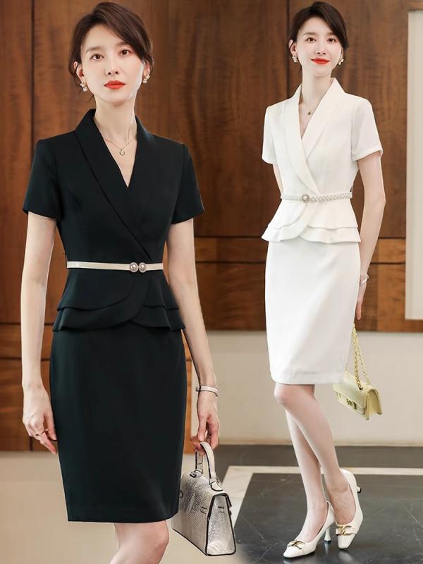 スーツ レディース セットアップ 半袖 タイトスカート ミニスカート 春夏 通勤 事務服 接客 ビジネス フォーマル 制服 ユニフォーム 涼しい 上下 ブラック ホワイト ポリエステル 無地 きれいめ 上品 膝丈 襟 ボタン 爽やか