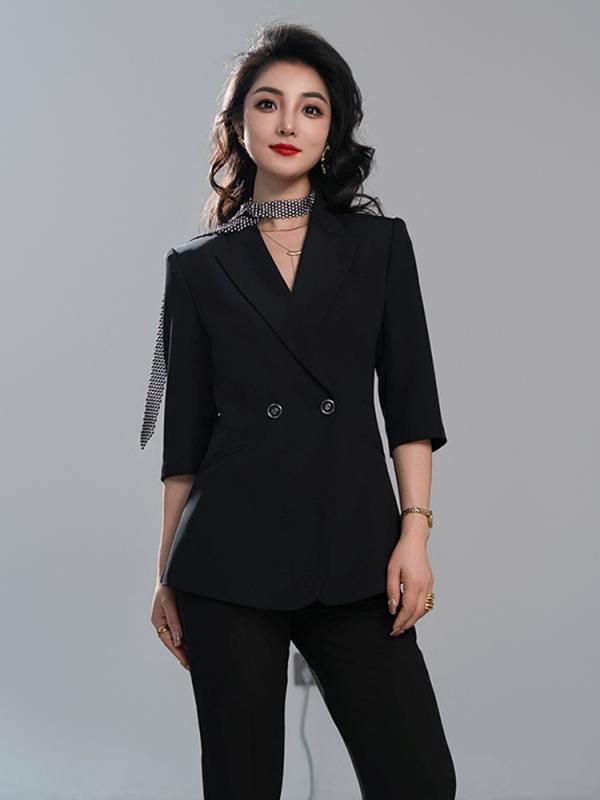 Skirt Suits - セットアップ レディース パンツスーツ 通勤 ビジネス フォーマル 高級感 上品 きれいめ 春夏 五分袖 ハーフスリーブ ジャケット スラックス ロングパンツ 小さいサイズ ポリエステル 無地 シンプル ブラック